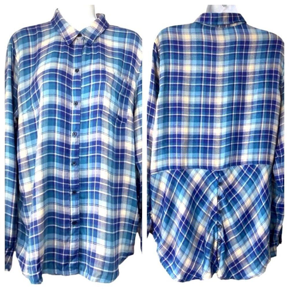 Lucky Brand Bungalow Back Button Detail Plaid Flannel Shirt M Tunic Button Up To